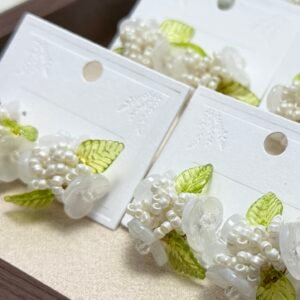 Handcrafted Pearl Bead Flower Earrings with Leaf Accents