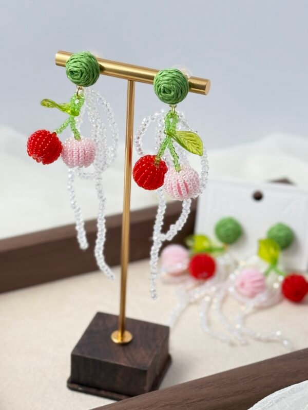 Handcrafted Seed Bead Cherry Drop Earrings with Crystal Chains
