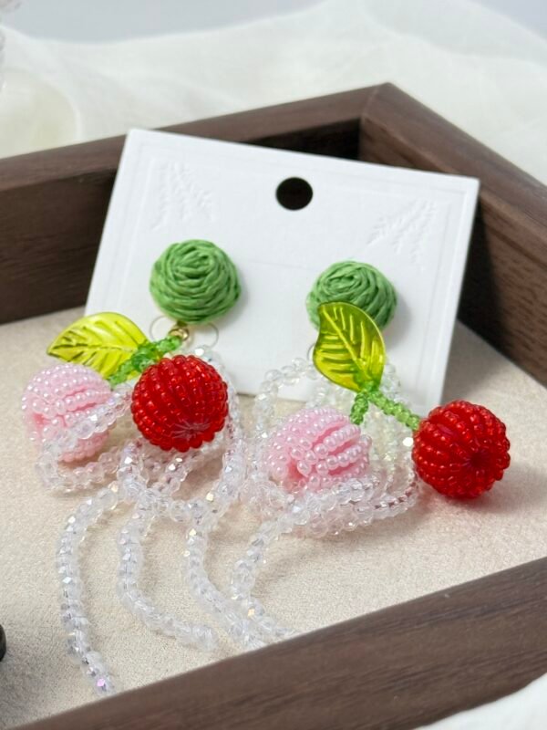 Handcrafted Seed Bead Cherry Drop Earrings with Crystal Chains