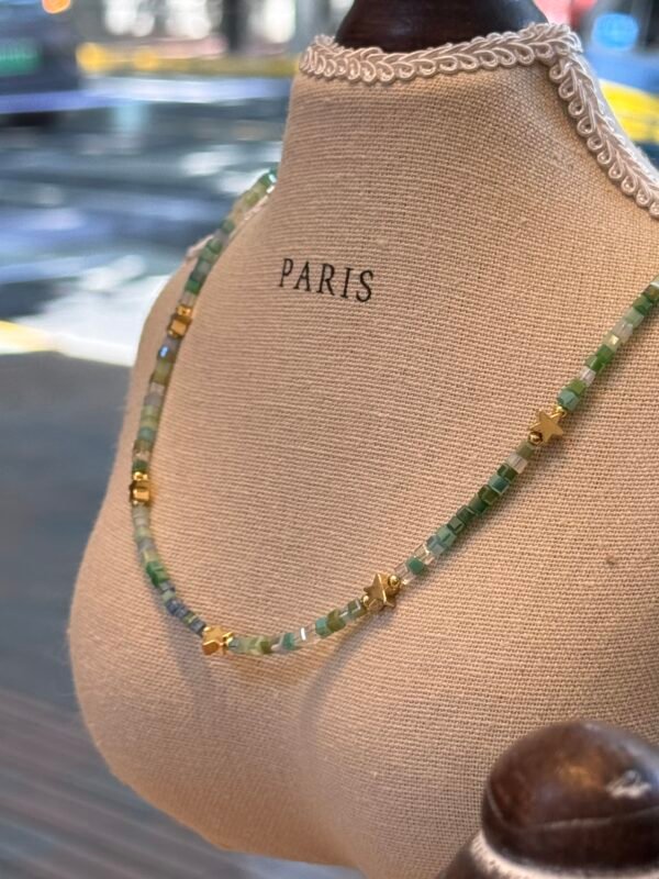 Handcrafted Seed Bead Necklace with Gold Star Accents - Gemstone