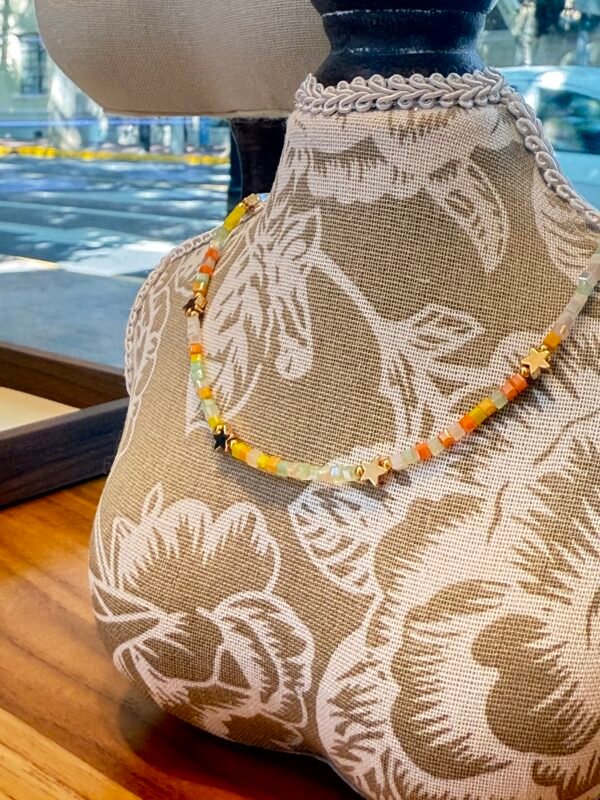 Handcrafted Seed Bead Necklace with Gold Star Accents - Gemstone