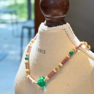 Handcrafted Seed Bead Necklace with Green Stone Pendant - Earth Harmony Collection