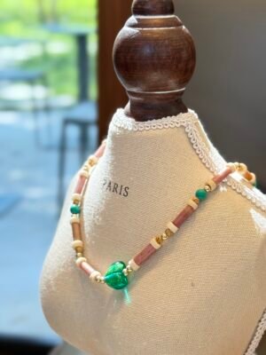 Handcrafted Seed Bead Necklace with Green Stone Pendant - Earth Harmony Collection