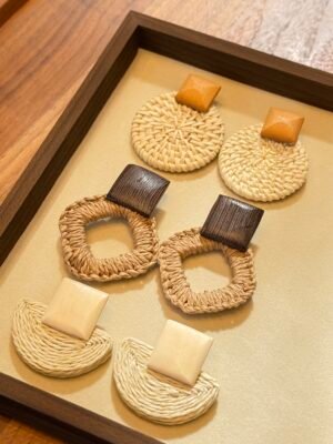 Handwoven Raffia Earrings Collection - Natural Texture Trio