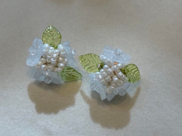 Handcrafted Pearl Bead Flower Earrings with Leaf Accents