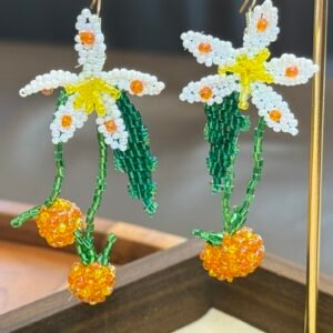 Handcrafted Seed Bead Daisy Drop Earrings with Berry Accents