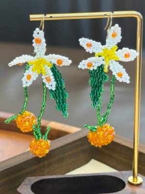 Handcrafted Seed Bead Daisy Drop Earrings with Berry Accents
