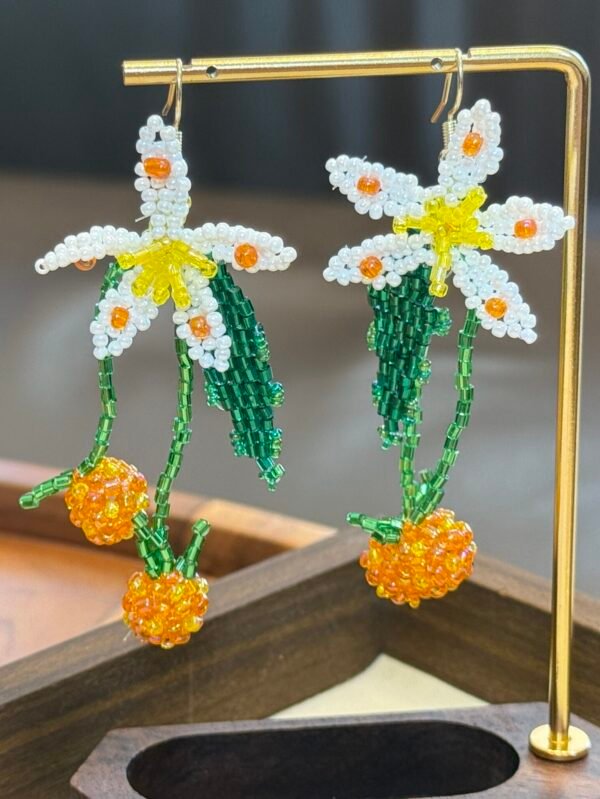 Handcrafted Seed Bead Daisy Drop Earrings with Berry Accents