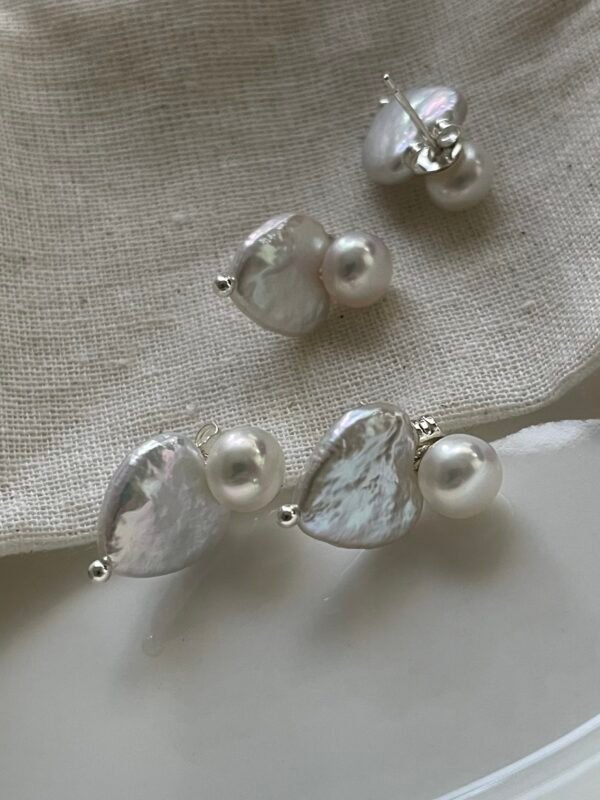 2022-10-15 220733 Heart Baroque Drop + Button Pearl Stud Earrings in Sterling Silver or 18K Gold‑Plated