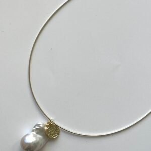 Sterling Silver Wire Necklace with Baroque Pearl and Coin Charm