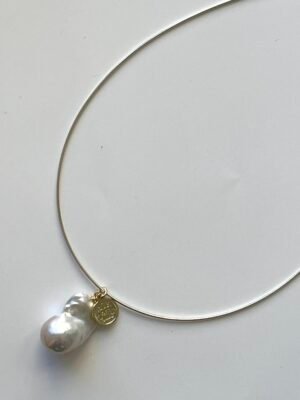2022-10-16 023659 Sterling Silver Wire Necklace with Baroque Pearl and Coin Charm