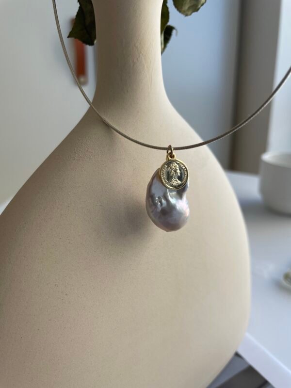2022-10-16 023705 Sterling Silver Wire Necklace with Baroque Pearl and Coin Charm