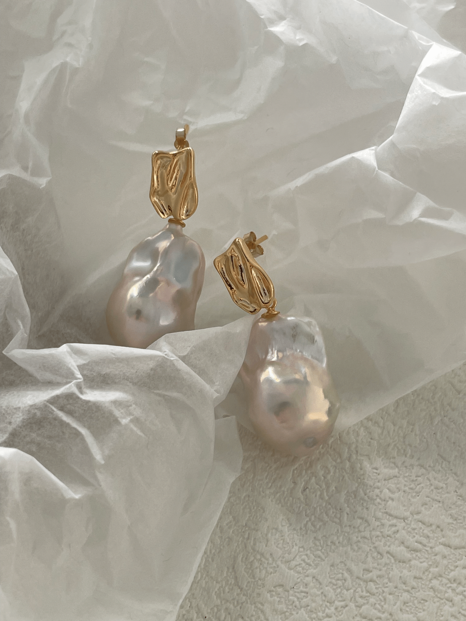 2023-08-15 160814 Sculpted Metal + Oversized Baroque Pearl Drop Earrings in 18K Gold‑Plated Sterling Silver