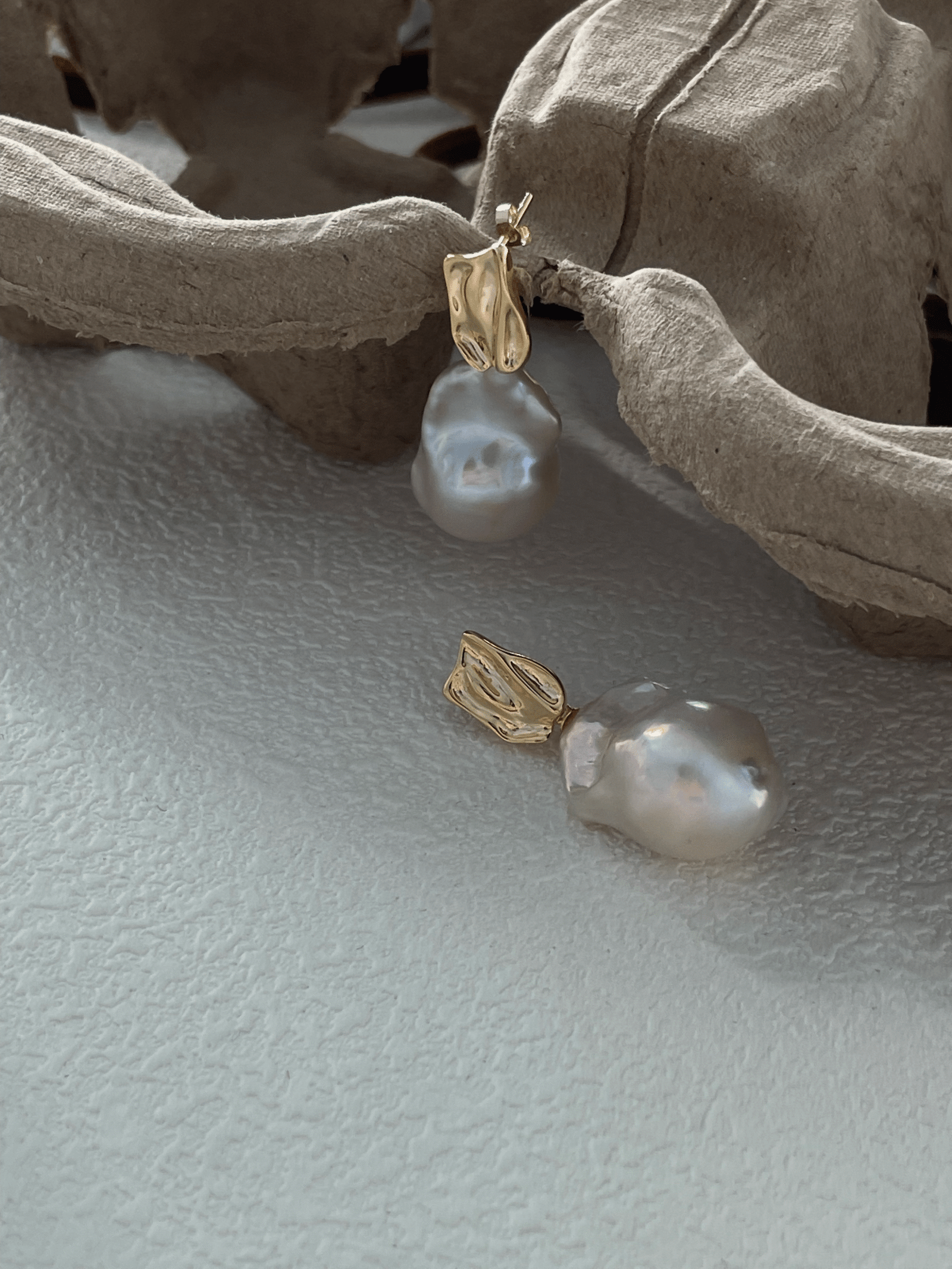 2023-08-15 160944 Sculpted Metal + Oversized Baroque Pearl Drop Earrings in 18K Gold‑Plated Sterling Silver