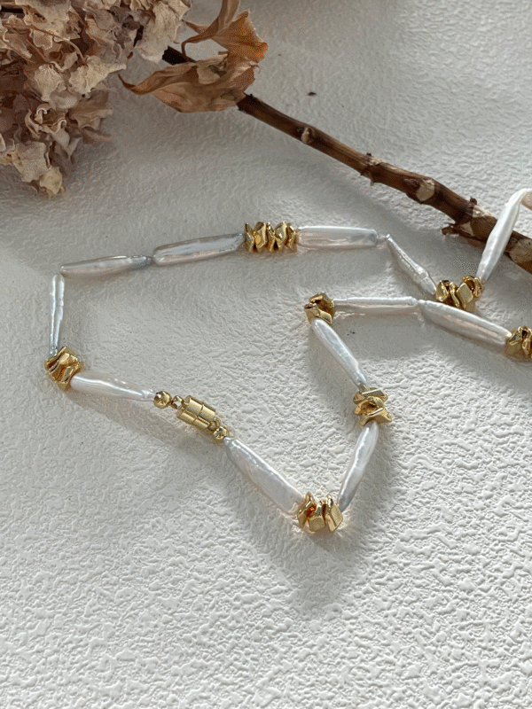 2023-09-20 151507 Stick Pearl Necklace with Gold Nugget Stations in 14K Gold‑Filled