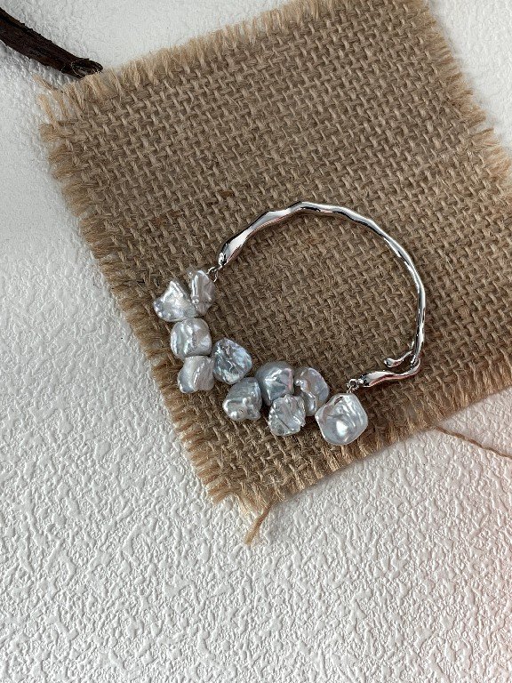 2023-12-31 145314 Keshi “Petal” Pearl Bracelet with Sculpted Link in White‑Gold–Plated Sterling Silve
