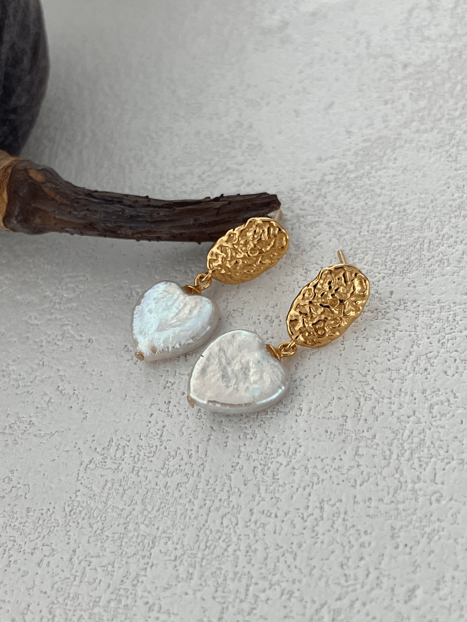 2024-07-22 155520 Vintage Hammered Oval + Baroque Heart Pearl Drop Earrings in 18K Gold‑Plated Sterling Silver