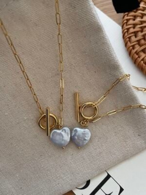 5 Heart Baroque Pearl Toggle Necklace on Paperclip Chain in 14K Gold‑Filled