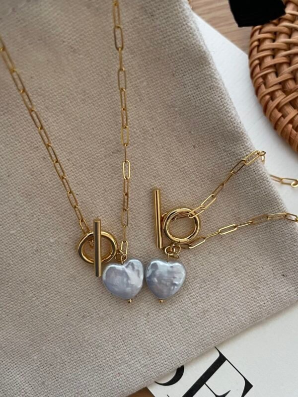 5 Heart Baroque Pearl Toggle Necklace on Paperclip Chain in 14K Gold‑Filled