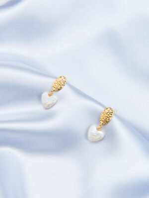 621 Vintage Hammered Oval + Baroque Heart Pearl Drop Earrings in 18K Gold‑Plated Sterling Silver