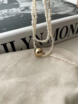 IMG_1998.HEIC Asymmetric Double-Strand Seed Pearl Bracelet with Gold Orb in 18K Gold‑Plated Sterling Silver